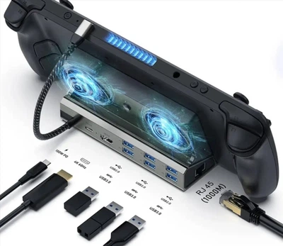 Зарядная док-станция YCE 9 в 1 для Steam Deck, Oled, Lenovo Legion Go, Go S, Go 2, Asus Rog Ally X с охлаждением и RGB подсветкой, PD, USB*6, RJ45, HDMI 2.0