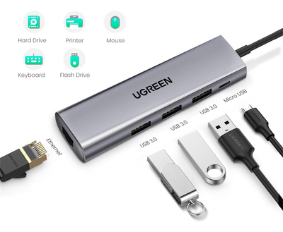 Stacja dokująca Ugreen CM266 USB A 3.0 - USB 3.0 x 3 RJ-45 Micro USB Gray (6957303868124)