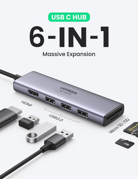 USB-хаб UGREEN CM511 6-in-1 USB Type-C to 3xUSB 3.0 + HDMI Multifunction Adapter Space Gray (6957303863839)