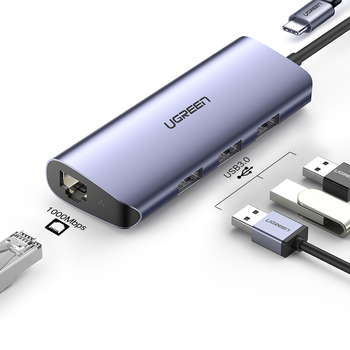 USB Hub Ugreen CM252 USB Type-C to 3xUSB 3.0 HUB + Gigabit Converter Grey (6957303867189)