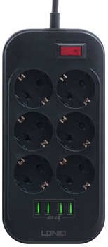 Мережевий фільтр-подовжувач LDNIO SE6403 6 розеток / 4 USB 2 м Black (6933138690178)