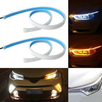 Гибкие дневные ходовые огни в авто 2шт по 30см с бегущим поворотом ДХО LED DRL (скрытый контроллер) в повороткини белые с желтым