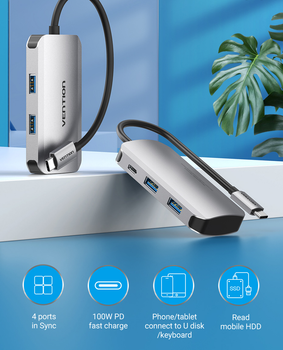 USB-хаб Vention Hub 5-in-1 USB 3.1 Type-C - USB 3.0x4 / PD 100 Вт (6922794753518)