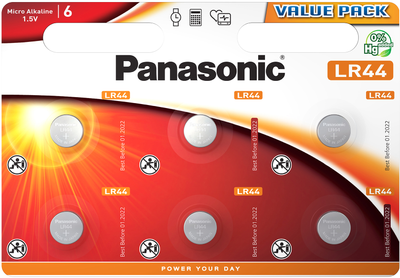 Батарейки Panasonic щелочные LR44 (A76, AG13, G13A, PX76, GP76A, RW82) блистер 6 шт. (LR-44EL/6B)