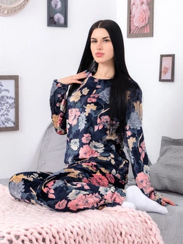 Піжама (кофта + штани) жіноча тепла махрова Носи Своє 8162-035 42 Синя з принтом квіти (p-5506-146573)