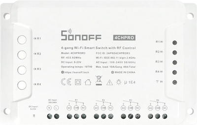 Розумний 4-канальний перемикач Wi-Fi Sonoff 4CHPROR3 з керуванням RF433 мHz (M0802010004)