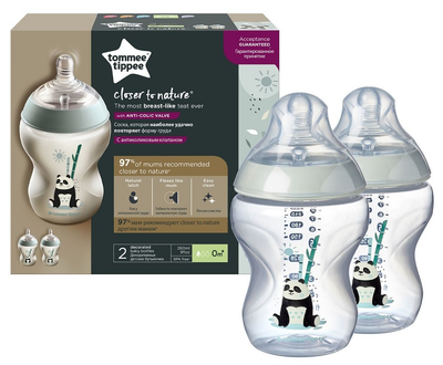 Пляшечка для годування Tommee Tippee Closer To Nature з силіконовою соскою 0 м+ Panda 2 x 260 мл (5010415225504)