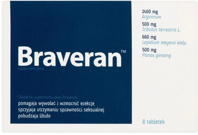 Дієтична добавка Aflofarm Braveran допомагаюча викликати та посилити ерекцію 8 таблеток (5902020845126)