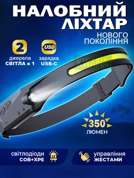 Налобний ліхтар стрічка акумуляторний світлодіодний на голову легкий сенсорний ліхтарик на лоб