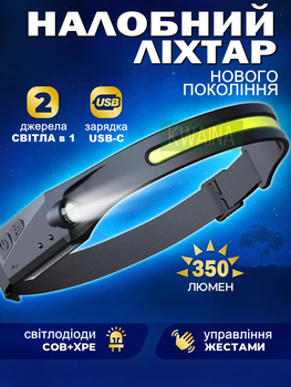 Налобний ліхтар стрічка акумуляторний світлодіодний на голову легкий сенсорний ліхтарик на лоб