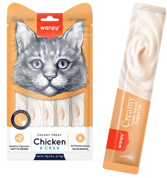 Рідкі ласощі для котів Wanpy Creamy Lickable Treats Chicken & Crab з куркою та крабом (5 стіків х 14 г) (6927749871217)