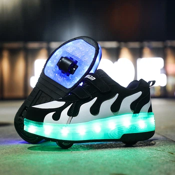 Роликовые кроссовки для мальчиков с LED подсветкой белые с черным на 2-х колёсах (LR 1238) 30(19см)