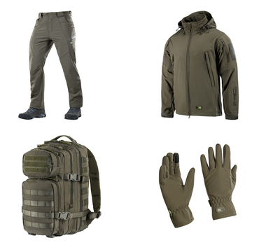 M-tac комплект Shoft Shell куртка с подстёжкой, штаны тактические, перчатки, рюкзак олива M