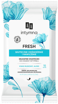 Делікатні інтимні гігієнічні серветки AA Cosmetics Fresh ефективне освіження та зволоження 15 шт (5900116087030)