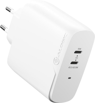 Ładowarka sieciowa Alogic Rapid Power 63W (45+18W) GaN Charger 2 port + 2m USB-C Cable White (WCG2X63-EU)