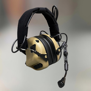 Навушники тактичні Earmor M32, активні, зі знімним мікрофоном та гарнітурою, активні навушники військові, колір – Койот