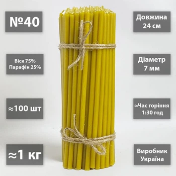 Церковные свечи восковые 75% №40 / 24см / 1кг / 100шт