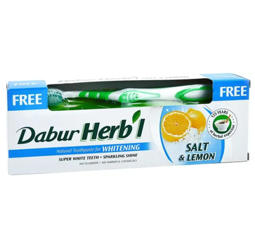 Зубная паста аюрведическая Соль и Лимон Отбеливающая Dabur Herb'l, 150 г + щетка
