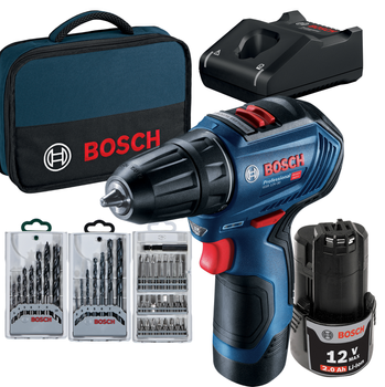 Akumulatorowa wiertarko-wkrętarka bezszczotkowa Bosch Professional GSR 12V-30, ładowarka GAL 12V-40, miękka torba, zestaw bitów i wierteł Bosch Promo Set (GSB 12V-30)