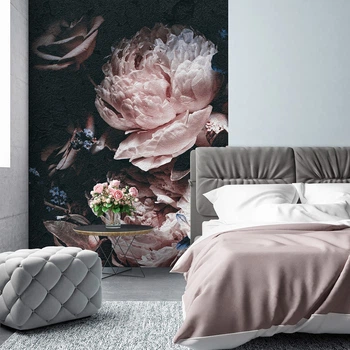 Флизелиновые фотообои 3D Розы Пионы 184x254 см Винтажные цветы на черном фоне (13525V4A)+клей