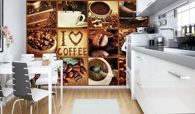 Флизелиновые фотообои для кухни Коллаж - кофейные чашки и зерна (10316V)+клей