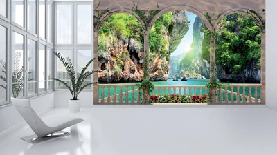 Флизелиновые фотообои 254x184 см 3D Море и скалы за аркой с цветами (1071V4)+клей
