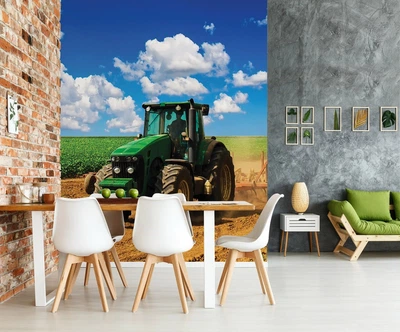 Флизелиновые 3д фотообои природа 184x254 см Зеленый трактор на поле (1909V4A) +клей