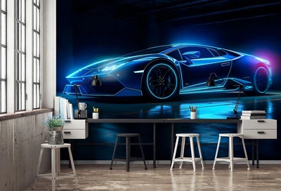 Флизелиновые фотообои 3Д про машины 368x254 см Роскошный неоновый автомобиль Ламборгини (14644V8)+клей
