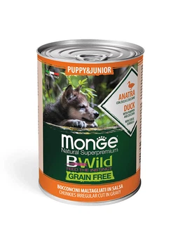 Влажный беззерновой корм Monge Bwild Grain Free Puppy & Junior для щенков с уткой, тыквой и цуккини, 400 г