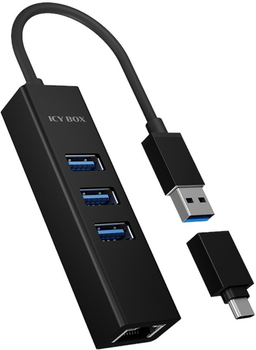 Hub USB ICY BOX USB-A/USB-C to 3 x USB-A 3.0, RJ-45 Black (IB-HUB1419-LAN)