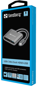 Hub USB Sandberg Mini Dock USB-C to USB-C, HDMI, USB-A Silver (5705730136009)