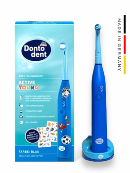 Дитяча електрична зубна щітка Donto Dent Blue від 4 років 2 режими на акумуляторі та на зарядку для хлопчика та дітей kids young електрощітка на подарунок комплект наклейок