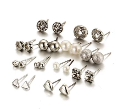 Бижутерные серьги 2049 набор 12 пар серебристые гвоздики Fashion Jewelry silver