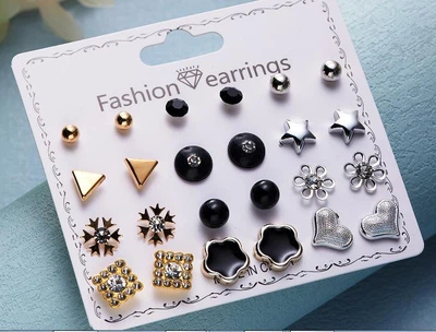 Бижутерные серьги 2057 набор 12 пар золотые гвоздики Fashion earrings gold