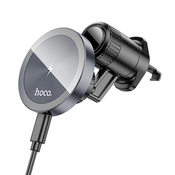 Автомобильный держатель для телефона с беспроводной зарядкой HOCO Vision metal magnetic wireless fast charging Car holder (air outlet) HW6 |15W| Черный