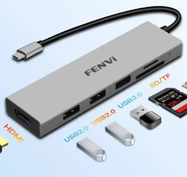 Переходник Кардридер Хаб Fenvi C601 6 в 1 Type-C + USB 2.0 3.0 TF SD PD 100W 4K HDMI