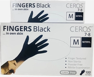 Нітрилові рукавички CEROS Fingers® Black Розмір M 100шт/уп. 50 пар. Чорні