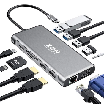 Док-станция XON SmartHub 12 в 1 (Ethernet, VGA, 2xHDMI, 3.5 Audio, SD/TF, Type-C, 4xUSB3.1) Серый (UHCHP125300G 5283)