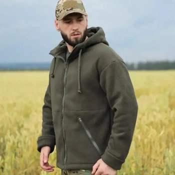 Куртка тактична з капюшоном чоловіча зі щільного флісу та шерпа щільністю 550г/м2 Grizli Олива 58