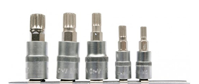 Головки торцеві з насадками YATO: "SPLINE" M5,M6, квадрат 1/4",M8,10,12, квадрат 3/8".Набір 5 шт