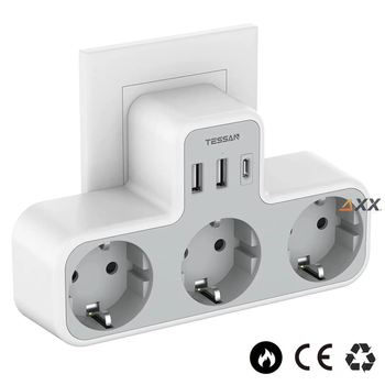 Сетевой фильтр разветвитель тройник 3 евро розетки + 3 USB Tessan 3600W/16A Белый