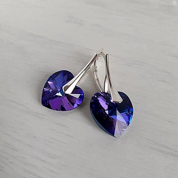 Сережки Hand Made з кристалами сердечками Swarovski у фіолетово-синіх відтінках