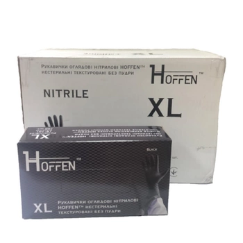 Рукавички оглядові нітрилові HOFFEN black нестерильні текстуровані без пудри розмір XL (ящик 10 пачок)
