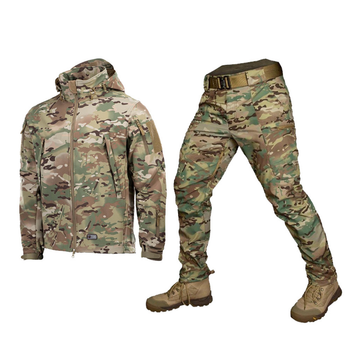Мужской демисезонный Комплект Куртка M-TAC + Брюки CamoTec / Форма SOFT SHELL на флисе мультикам размер L