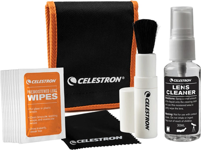 Zestaw do czyszczenia soczewek Celestron Lens Cleaning Kit szczoteczka 1 szt + nawilżone chusteczki 10 szt + płyn 30 ml + miękka tkanina + torba (50234935760)