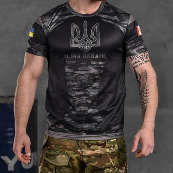 Потоотводящая мужская футболка Coolmax с принтом "Slava Ukraini" черный мультикам размер 2XL
