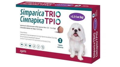 Сімпаріка тріо для собак 2,5–5,0 кг, 3 таблетки — від бліх, кліщів та гельмінтів