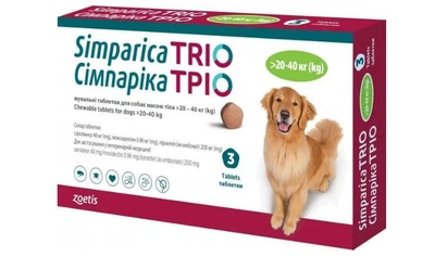 Сімпаріка тріо для собак 20–40,0 кг, 3 таблетки — від бліх, кліщів та гельмінтів
