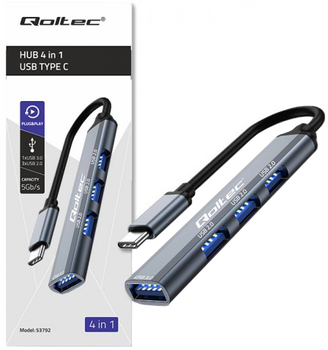USB-хаб Qoltec Hub Adapter USB-C 4 in 1 USB 2.0 USB 3.0 Grey