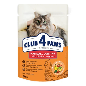 Консервированный корм Club 4 Paws - влажный корм с курицей в соусе для взрослых кошек с эффектом выведения шерсти 80 г (B5612111)